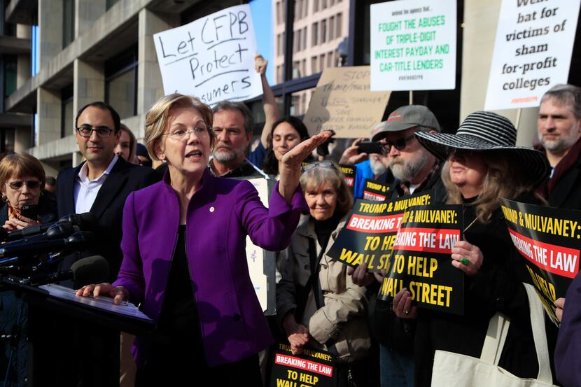 Sen. Elizabeth Warren, D-Mass., spoke at a rally outside the Consumer Financial Protection...