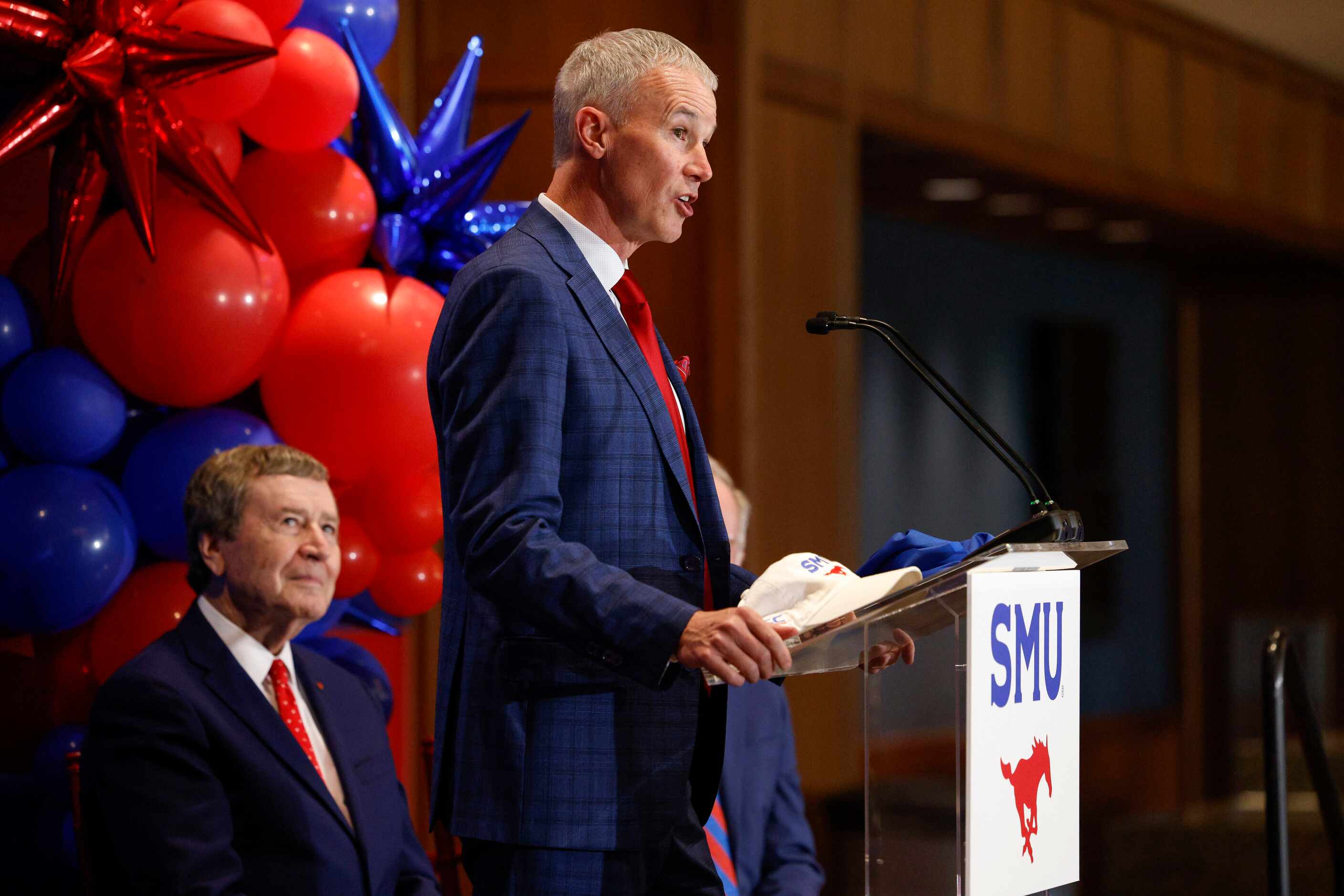 SMU head men's basketball coach Andy Enfield speaks during an introductory press conference...