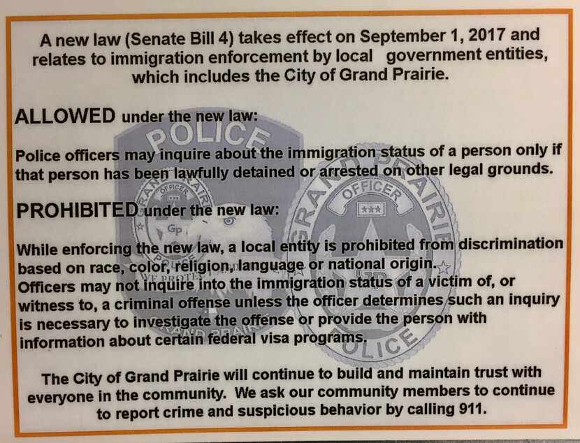Grand Prairie laminated new instructions on how to implement Senate Bill 4. Though several...