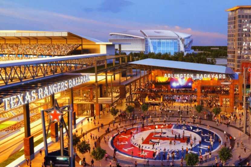 An artist's rendering shows Texas Live! (center) alongside the proposed new Texas Rangers...
