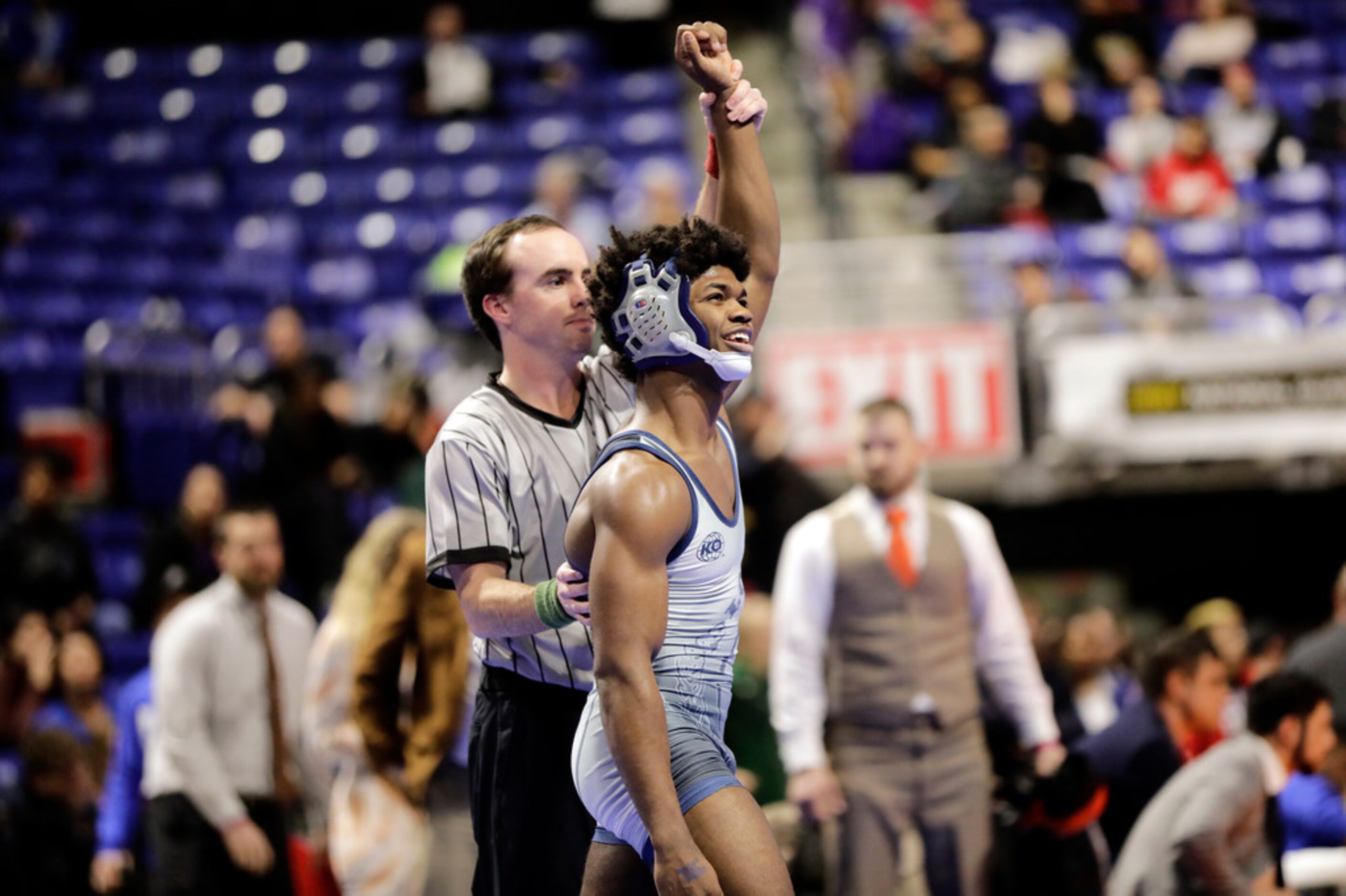 LaÃStot Pleasant of Frisco Lone Star wrestles during the UIL Texas State Wrestling...