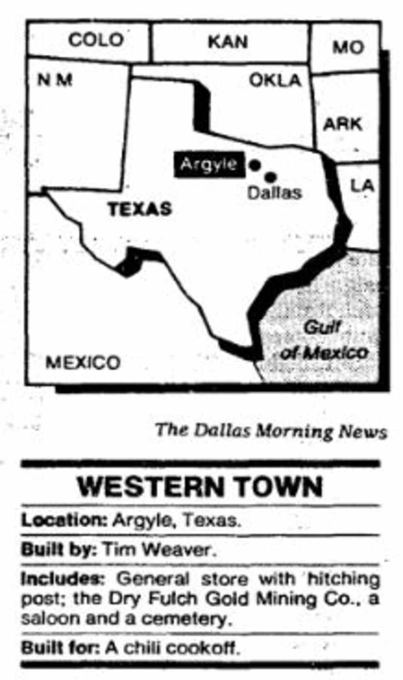 Description of the storefront "Western town" built in Argyle, Texas by Tim Weaver. Graphic...