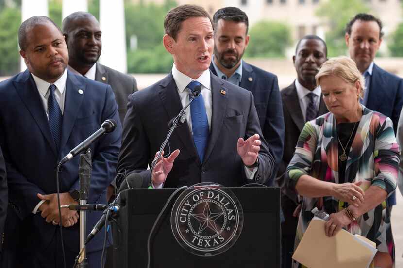 Dallas County Judge Clay Jenkins conducts a press conference announcing a collaboration with...