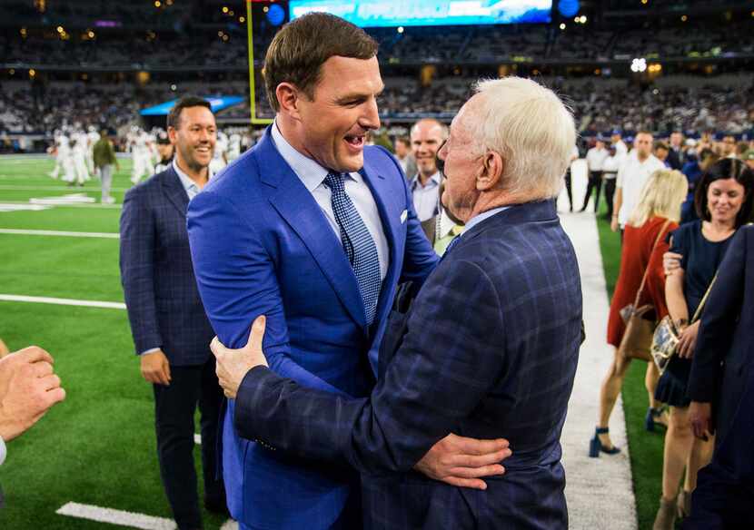 Former Dallas Cowboys tight end Jason Witten hugs Dallas Cowboys owner Jerry Jones before an...