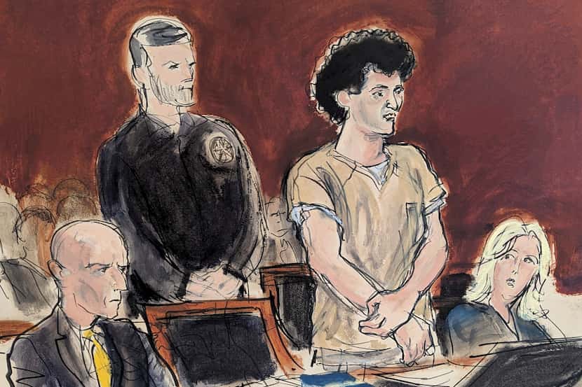 In this courtroom sketch, Sam Bankman-Fried (second from right) makes a statement during...