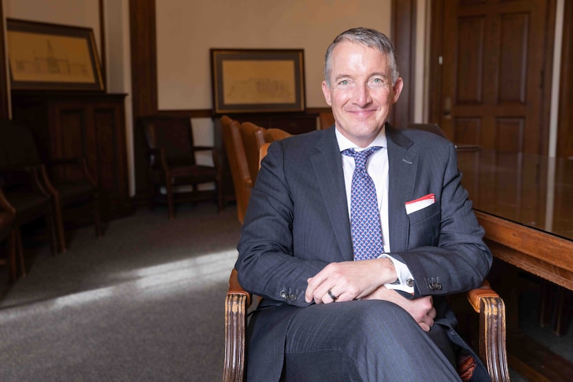 University of Texas President Jay Hartzell poses for a photo at Dallas Hall following a...