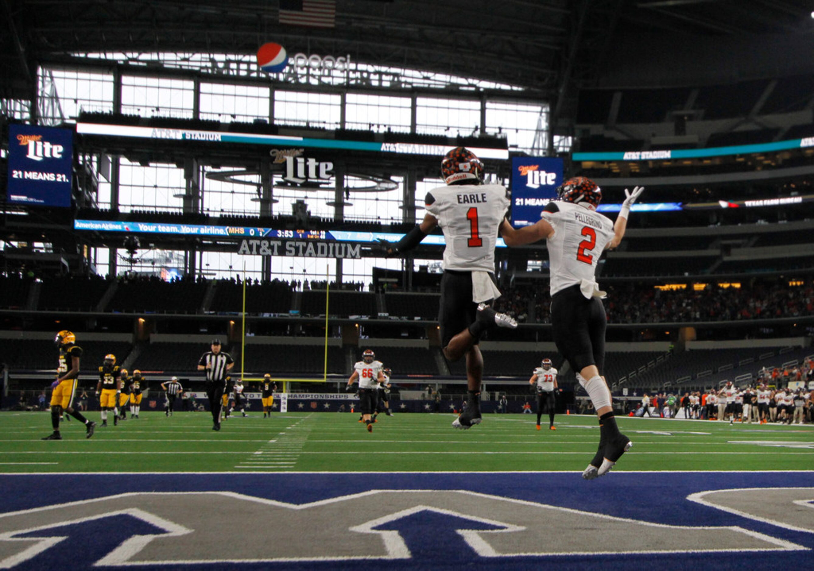 Aledo receiver JoJo Earle (1) and receiver Jaedon Pellegrino (2) take their celebration to...