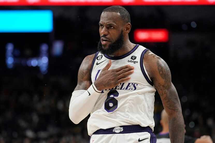 Los Angeles Lakers forward LeBron James (6) celebrates a score against the San Antonio Spurs...