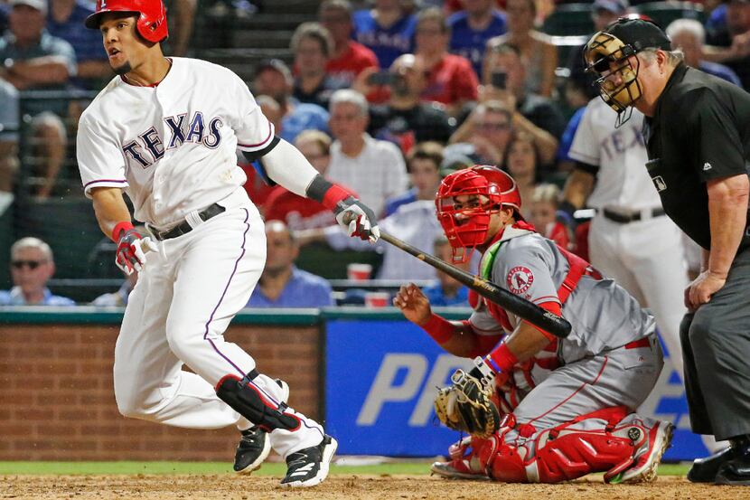 Texas Rangers left fielder Carlos Gomez (14) is pictured during the Los Angeles Angels vs....