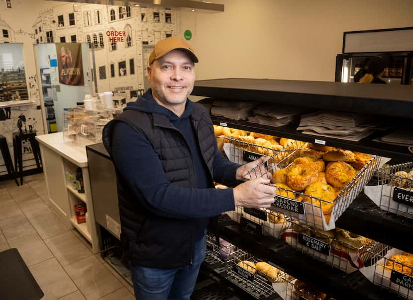 Owner Dan Hilbert holds the Jalapeño Cheddar bagels at Dan's Bagels in Trophy Club on...
