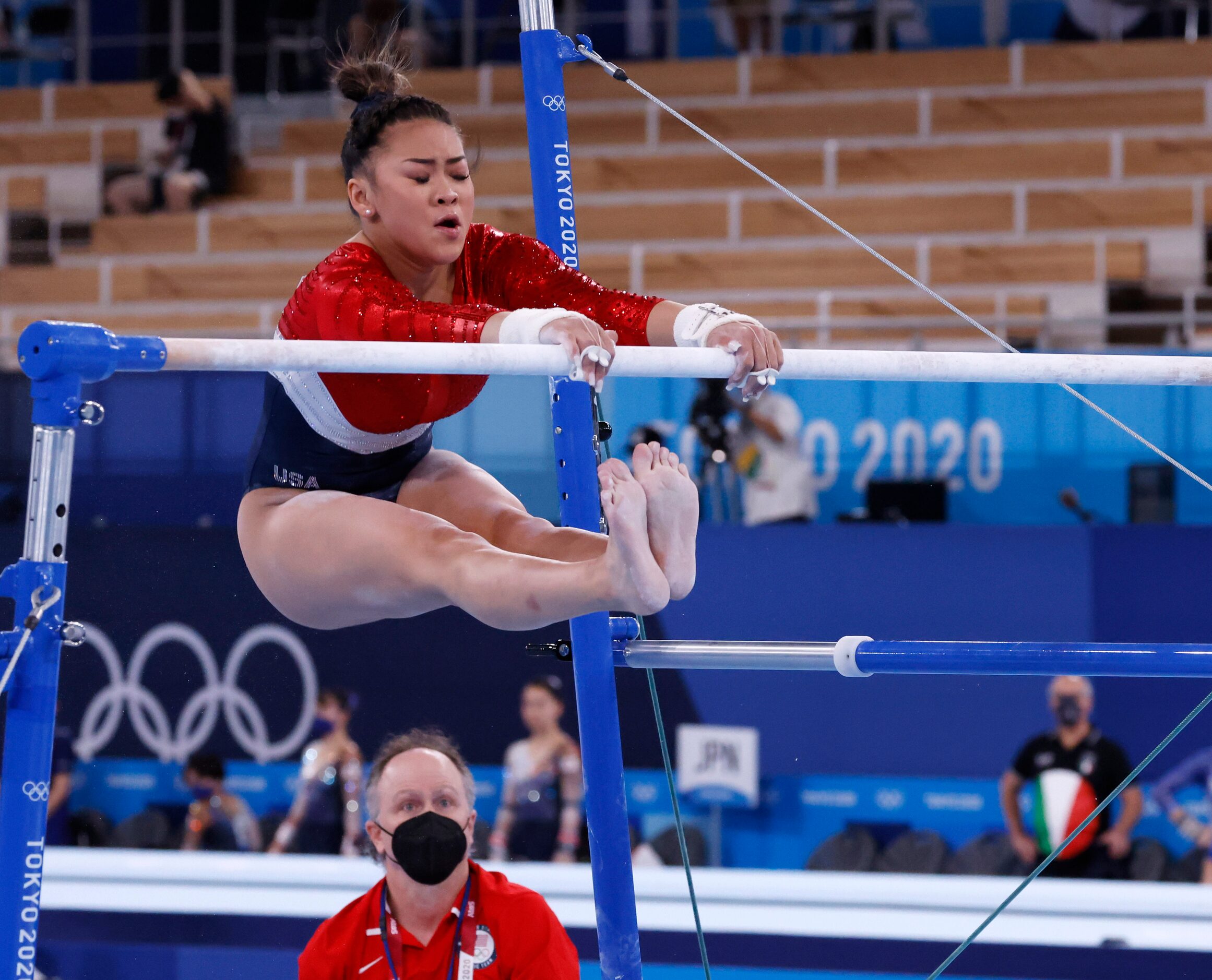 USA’s Sunisa Lee competes on the uneven bars during the artistic gymnastics women’s team...