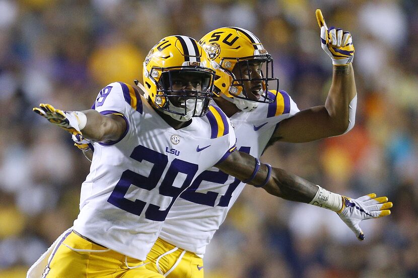 BATON ROUGE, LA - SEPTEMBER 09: LSU's Andraez Williams (#29) celebrates an interception with...