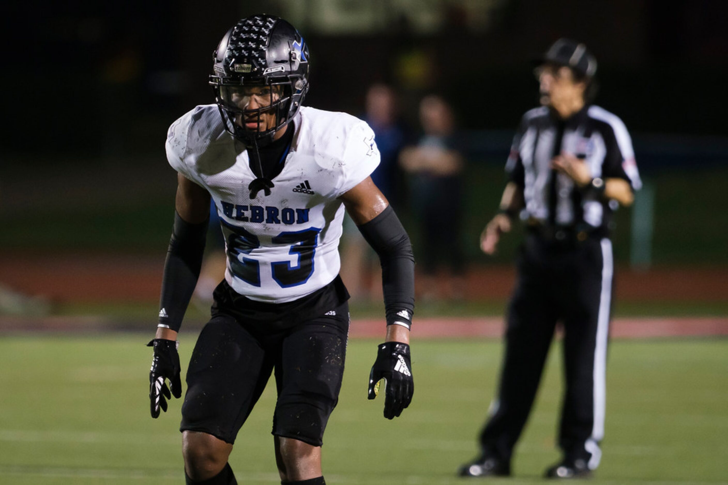 Hebron defensive back Darius Snow (23) lines up for a play during the second half of a high...