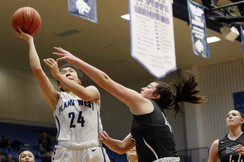 Plano West senior forward Natalie Chou (24) leaps for a layup while defended by Flower Mound...