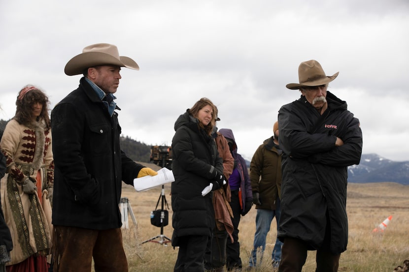 Sam Elliott as Shea and Taylor Sheridan discuss a scene in "1883."