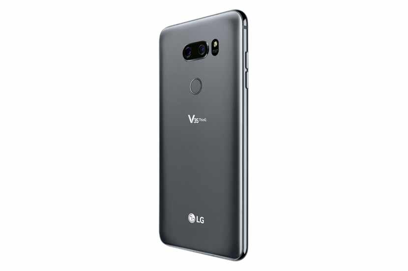 The back of the V35 ThinQ shows the dual cameras and fingerprint reader