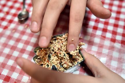 Stella Suek, 9, presses birdseed and mixed ingredients into a cooking cutter.