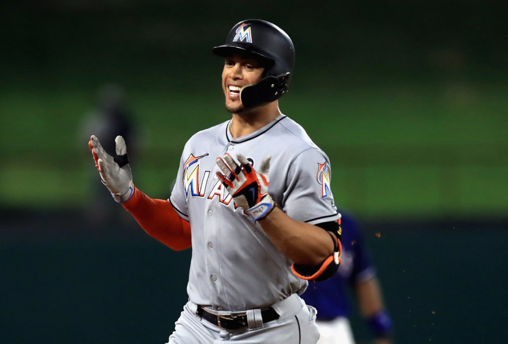 May 23, 2018: New York Yankees right fielder Giancarlo Stanton #27 at bat  during an MLB game between the New York Yankees and the Texas Rangers at  Globe Life Park in Arlington