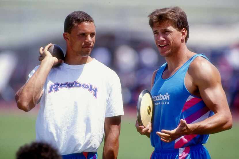 16 May 1992:  Dan O''Brien (L) and Dave Johnson (R) converse during the Modesto Relays in...