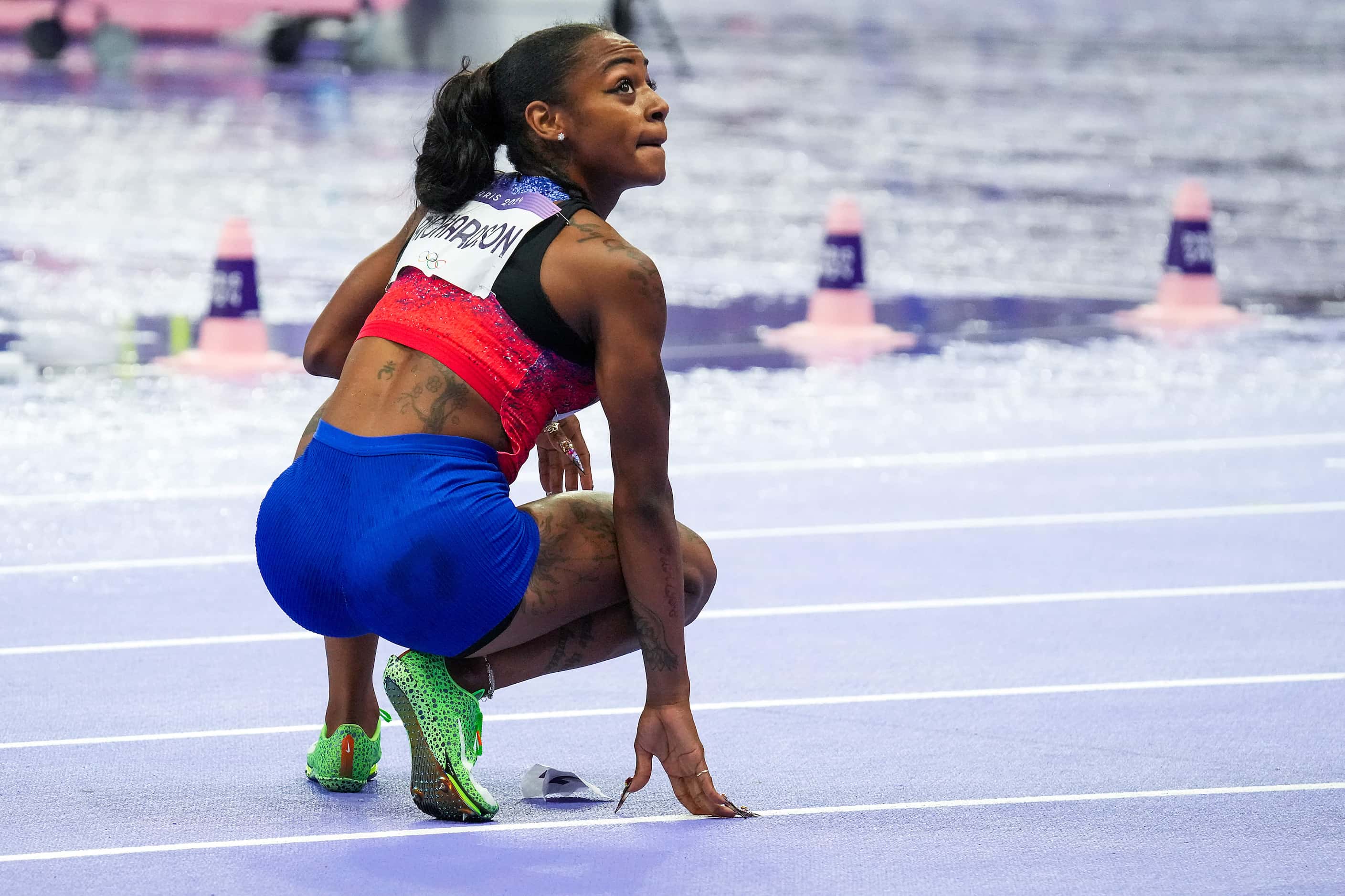 Sha'carri Richardson of the United States reacts after a silver medal finish in the women’s...
