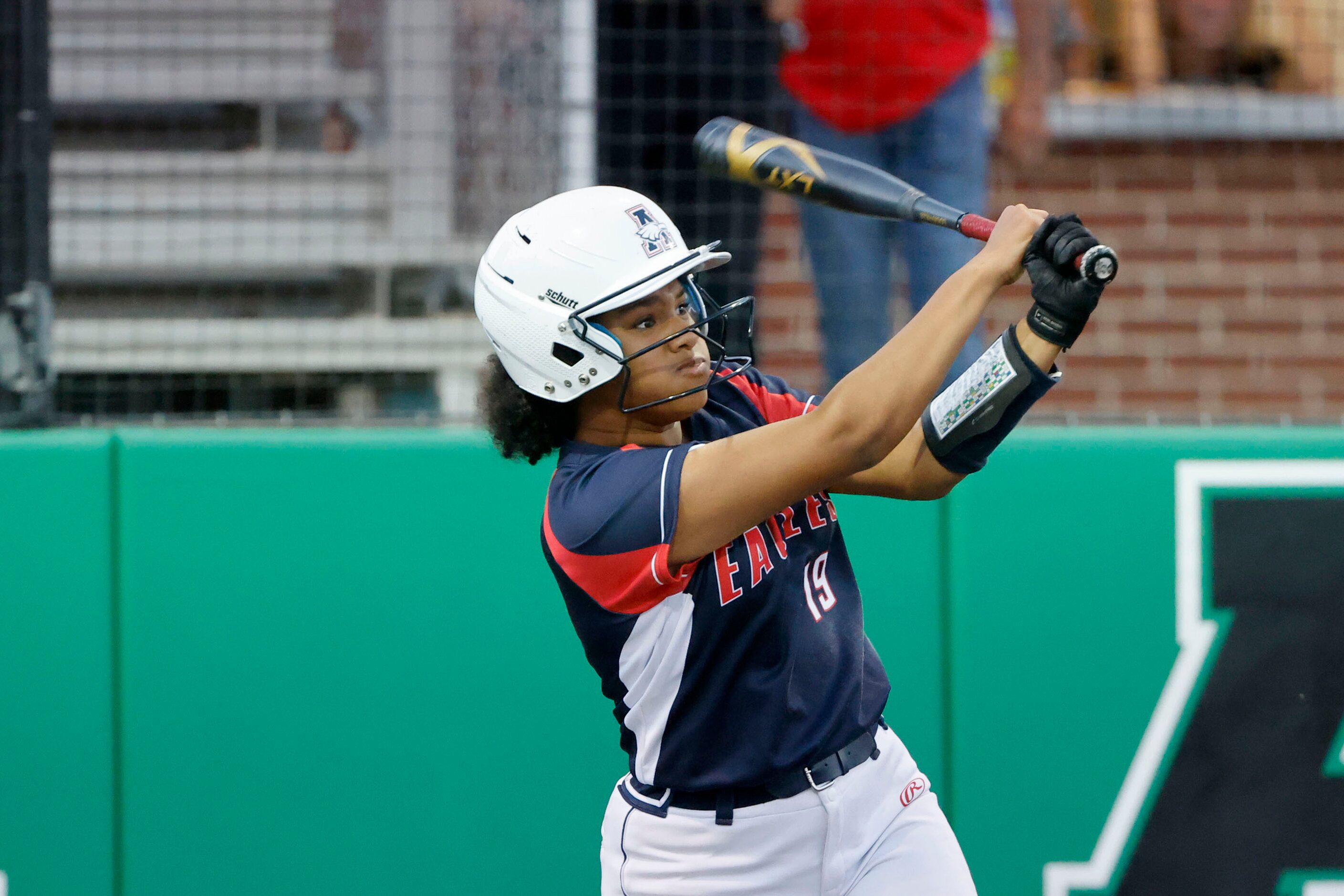 Allen’s Mchaela Booth (19) watches her double against South Grand Prairie during the fifth...