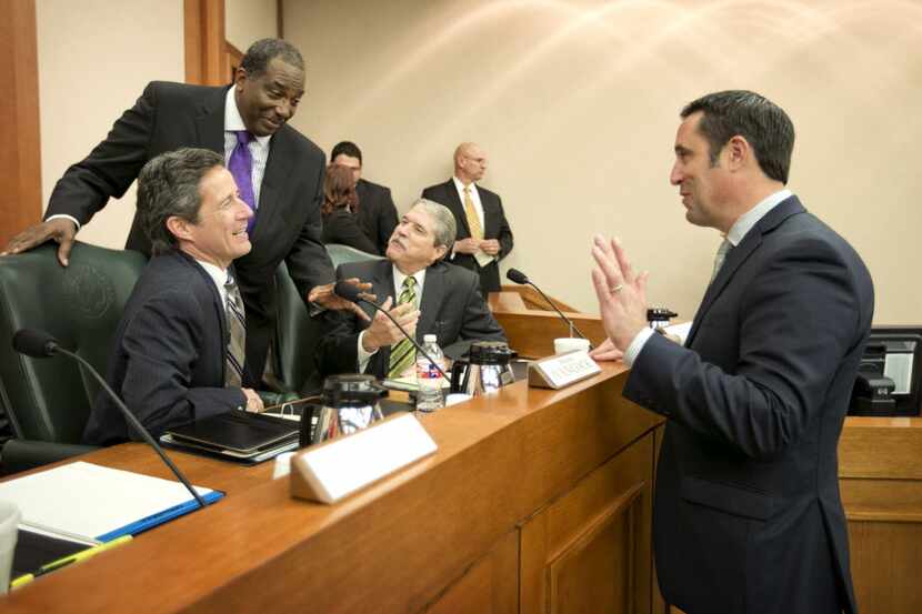 State comptroller Glenn Hegar, right, chatted with former colleagues in the Texas Senate a...