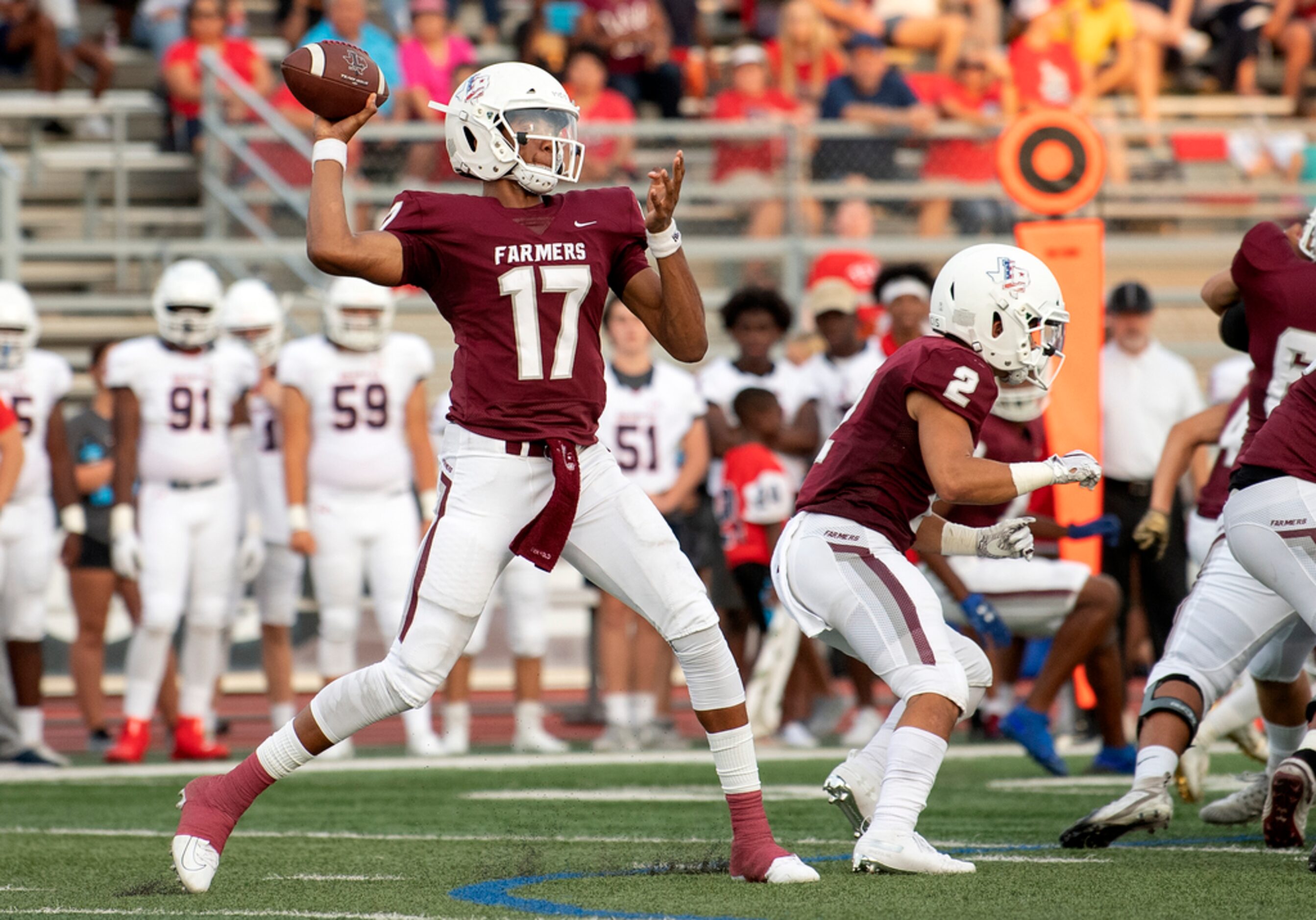 Lewisville junior quarterback Taylen Green (17) throws a pass in the first half of a high...