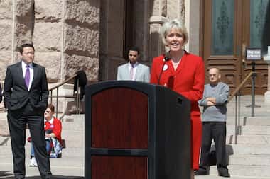  State Rep. Cindy Burkett, R-Garland, speaks to the crowd at a rally for Mental Health...