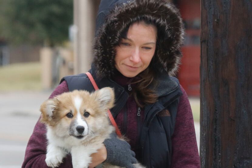 Jessica Treiber carries her new puppy, Jabba, during a walk along Malcolm X Boulevard near...