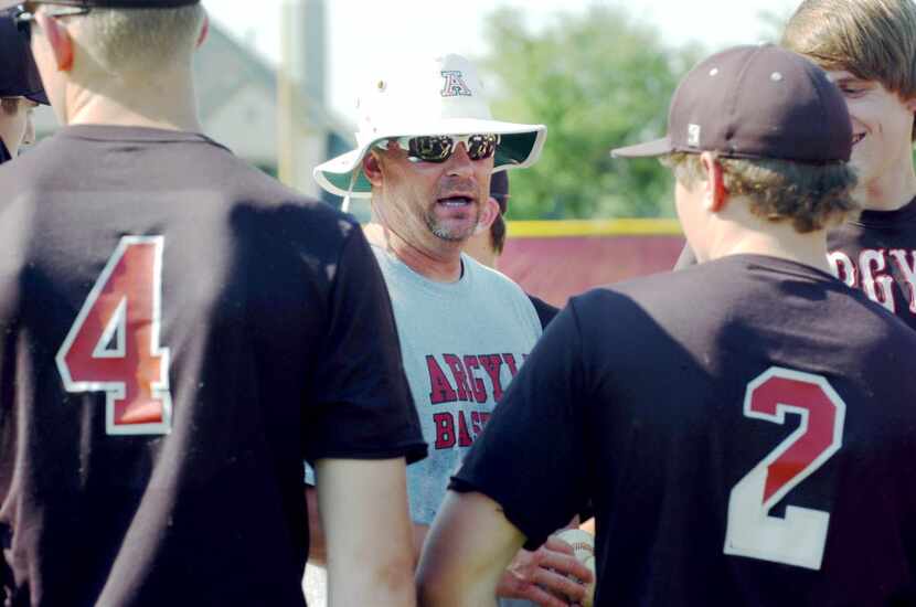 Argyle baseball head coach Ricky Griffin talks to the team after practice, Wednesday, May...