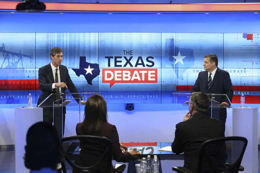 SAN ANTONIO, TX - OCTOBER 15:  U.S. Rep. Beto O'Rourke (D-TX) (L) and U.S. Sen. Ted Cruz...