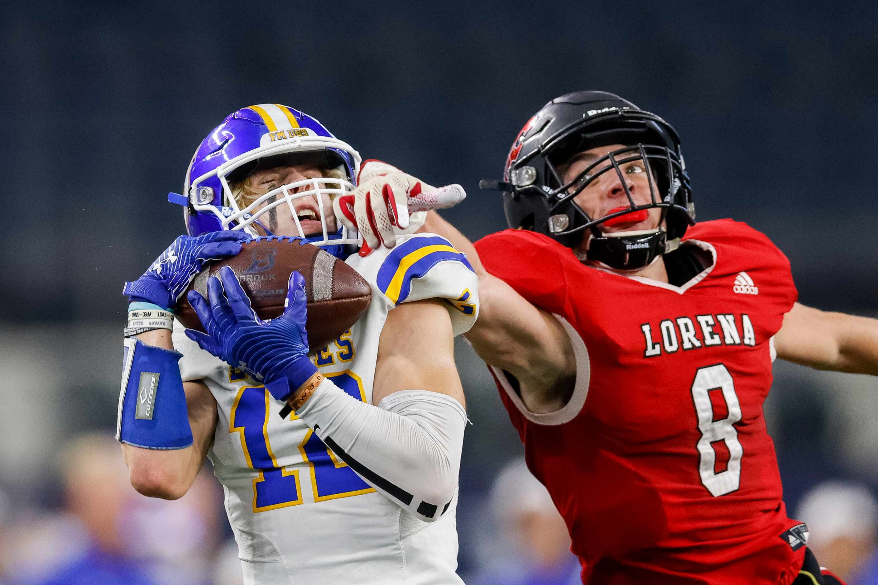 Brock wide receiver Elijah Potts (12) hauls in a catch over Lorena defensive back Colton...