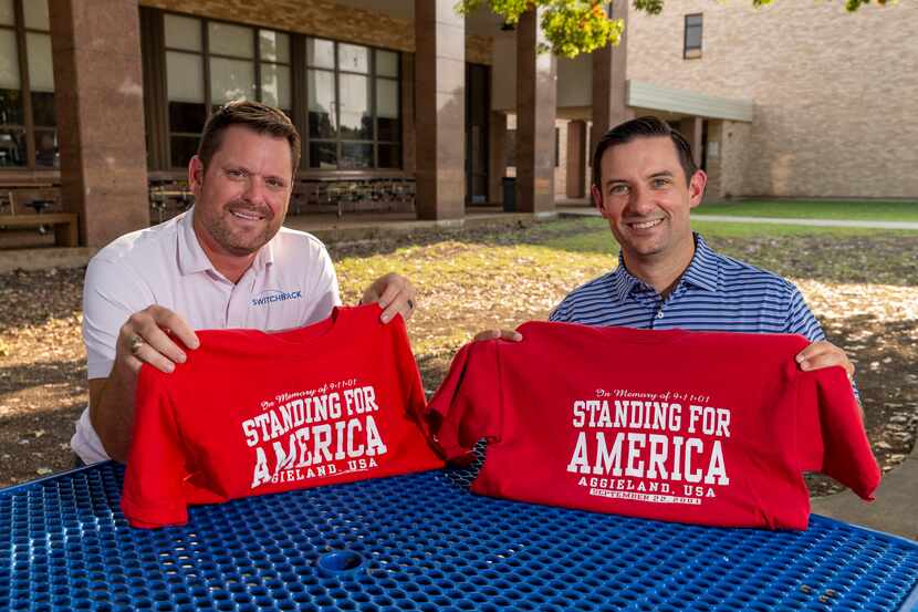 Josh Rosinski (left) and Cole Robertson display a pair of original T-shirts sold for Texas...