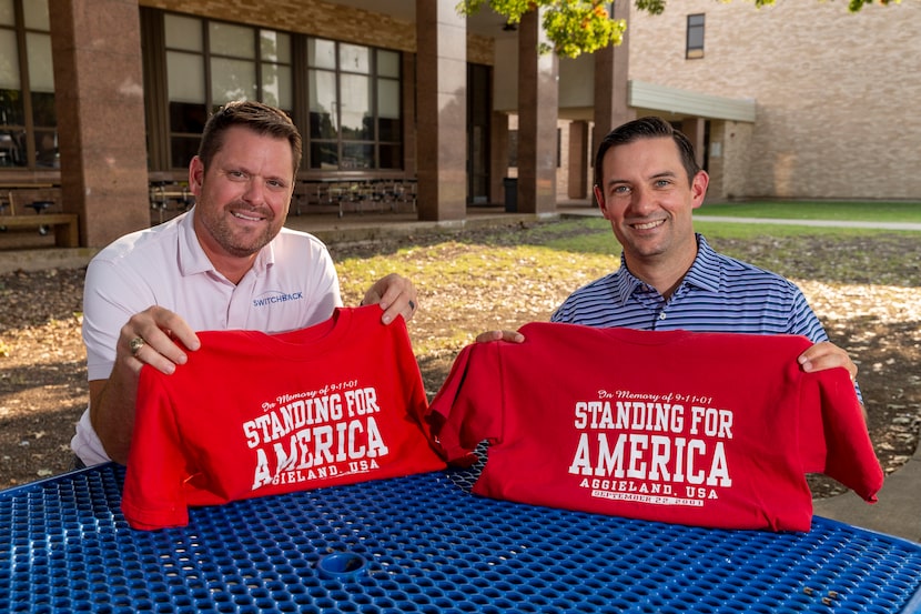 Josh Rosinski (left) and Cole Robertson display a pair of original T-shirts sold for Texas...