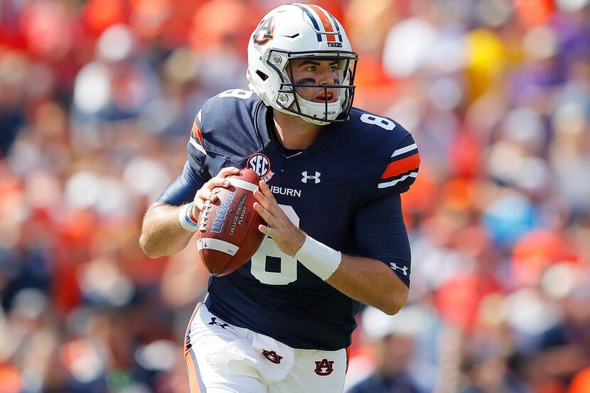 AUBURN, AL - SEPTEMBER 15:  Jarrett Stidham #8 of the Auburn Tigers looks to pass against...