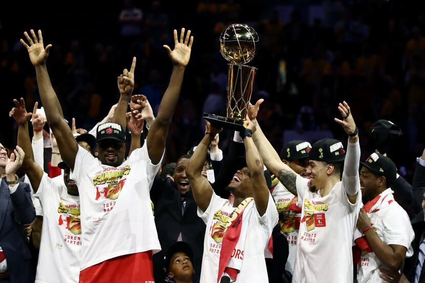 OAKLAND, CALIFORNIA - JUNE 13:  Kawhi Leonard #2 of the Toronto Raptors celebrates with the...