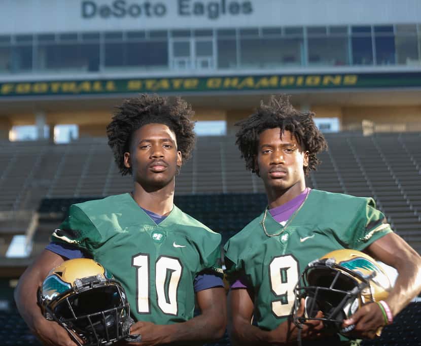DeSoto High School Eagles football players German Green (10) safety, and twin brother, Gemon...