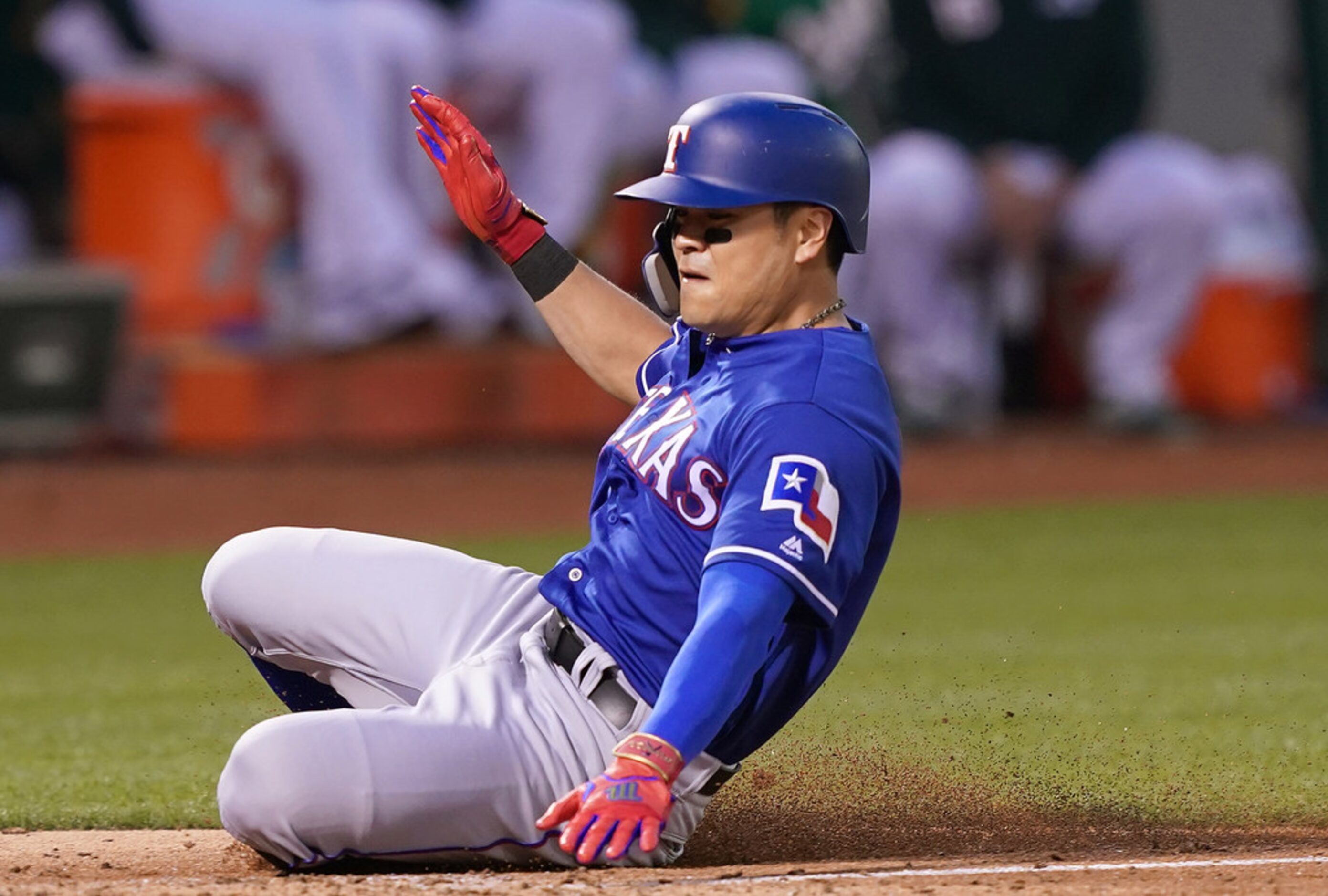 OAKLAND, CA - JULY 25:  Shin-Soo Choo #17 of the Texas Rangers scores against the Oakland...