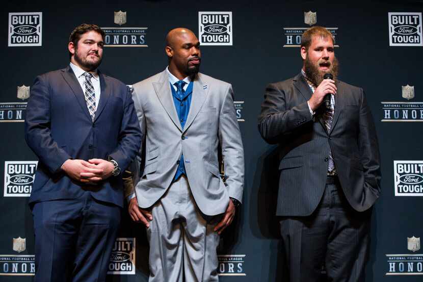 Dallas Cowboys offensive linemen Zack Martin, Tyron Smith and Travis Frederick speak to...