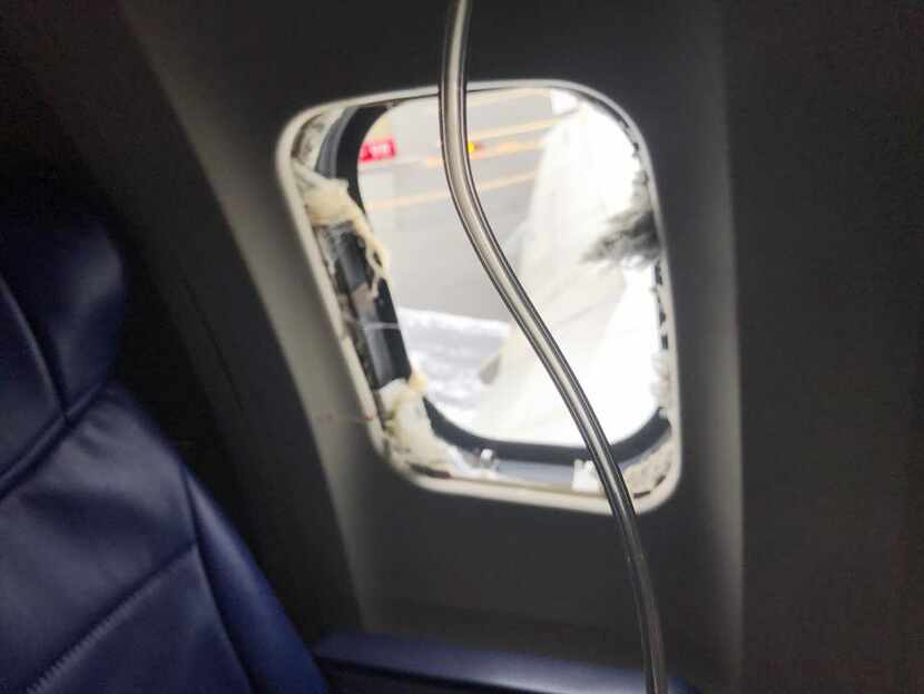 A view of the blown-out window from Southwest Airlines Flight 1380 at Philadelphia...