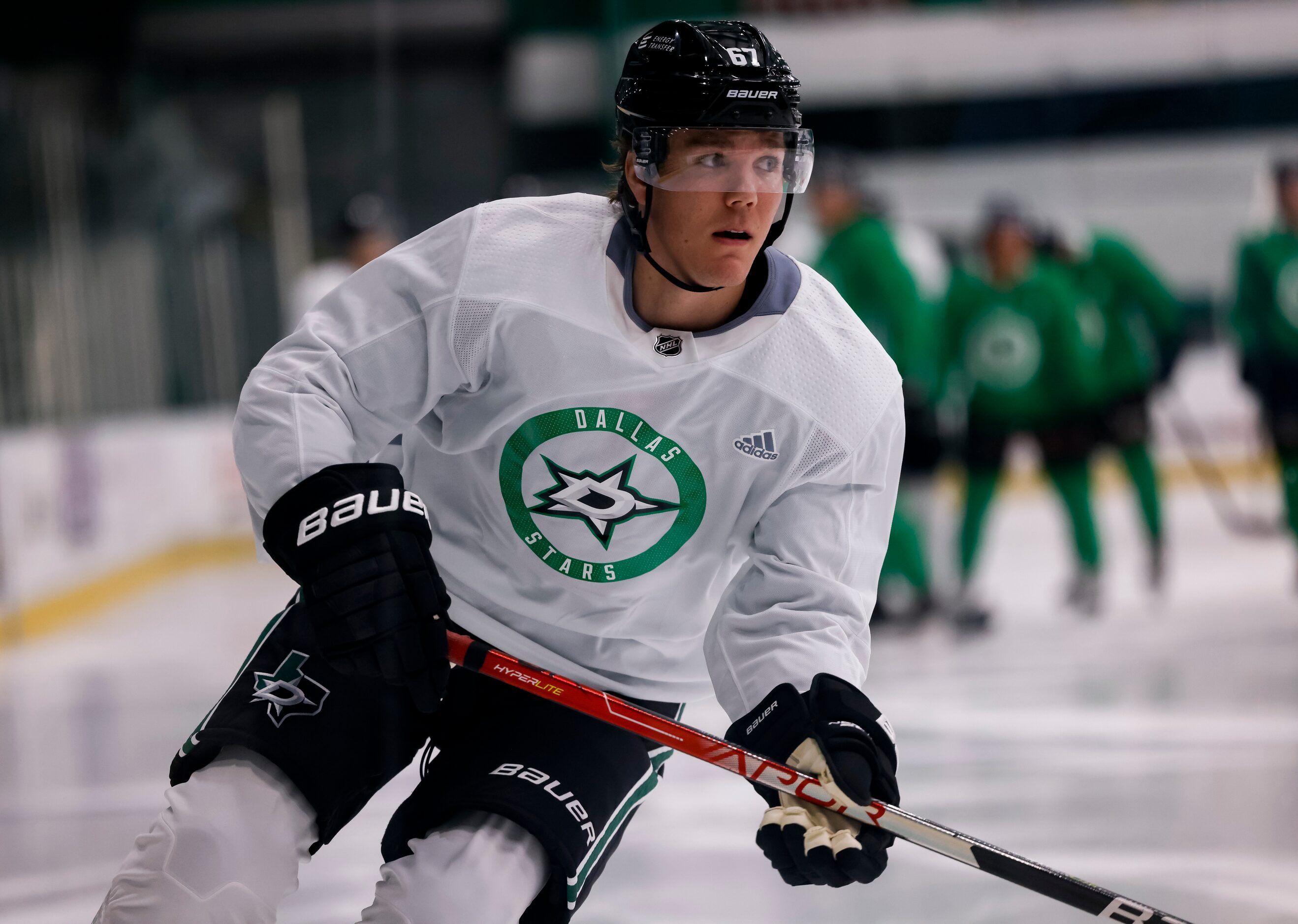 P.J. Fletcher (67) participates in a drill during the Stars’ annual development camp Group A...