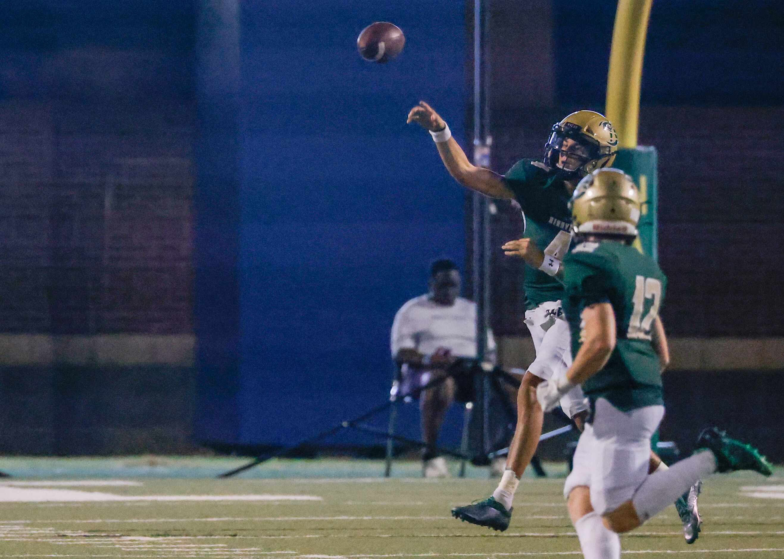 Birdville quarterback Noah Normand (4) throws the ball while running during the second half...