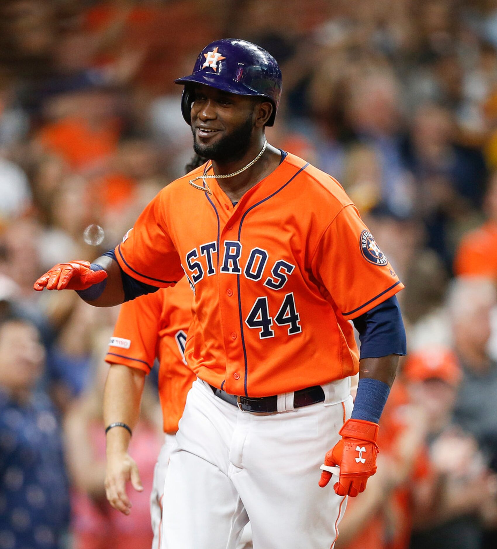 HOUSTON, TEXAS - JULY 19: Yordan Alvarez #44 of the Houston Astros hits a home run in the...