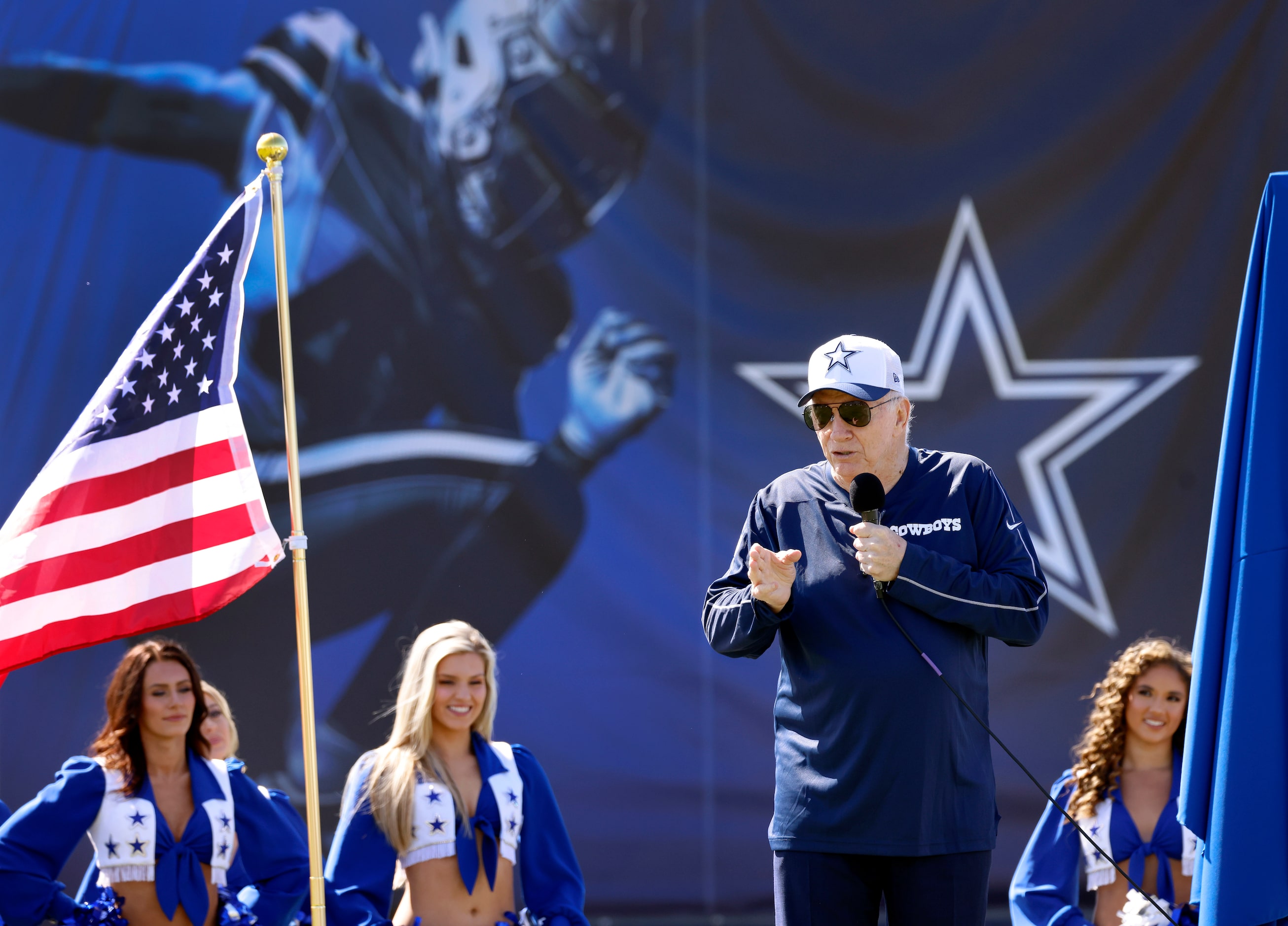 Dallas Cowboys owner Jerry Jones speaks to fans attending the annual training camp opening...