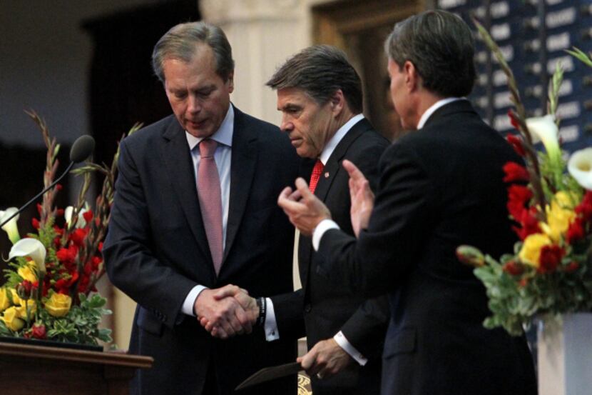 From left: Lt. Gov. David Dewhurst, Gov. Rick Perry and House Speak Joe Straus are down to...
