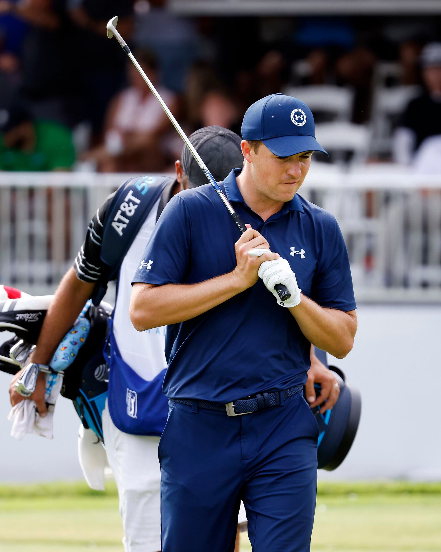 Professional golfer Jordan Spieth reacts after missing an opportunity to pick up a stroke...