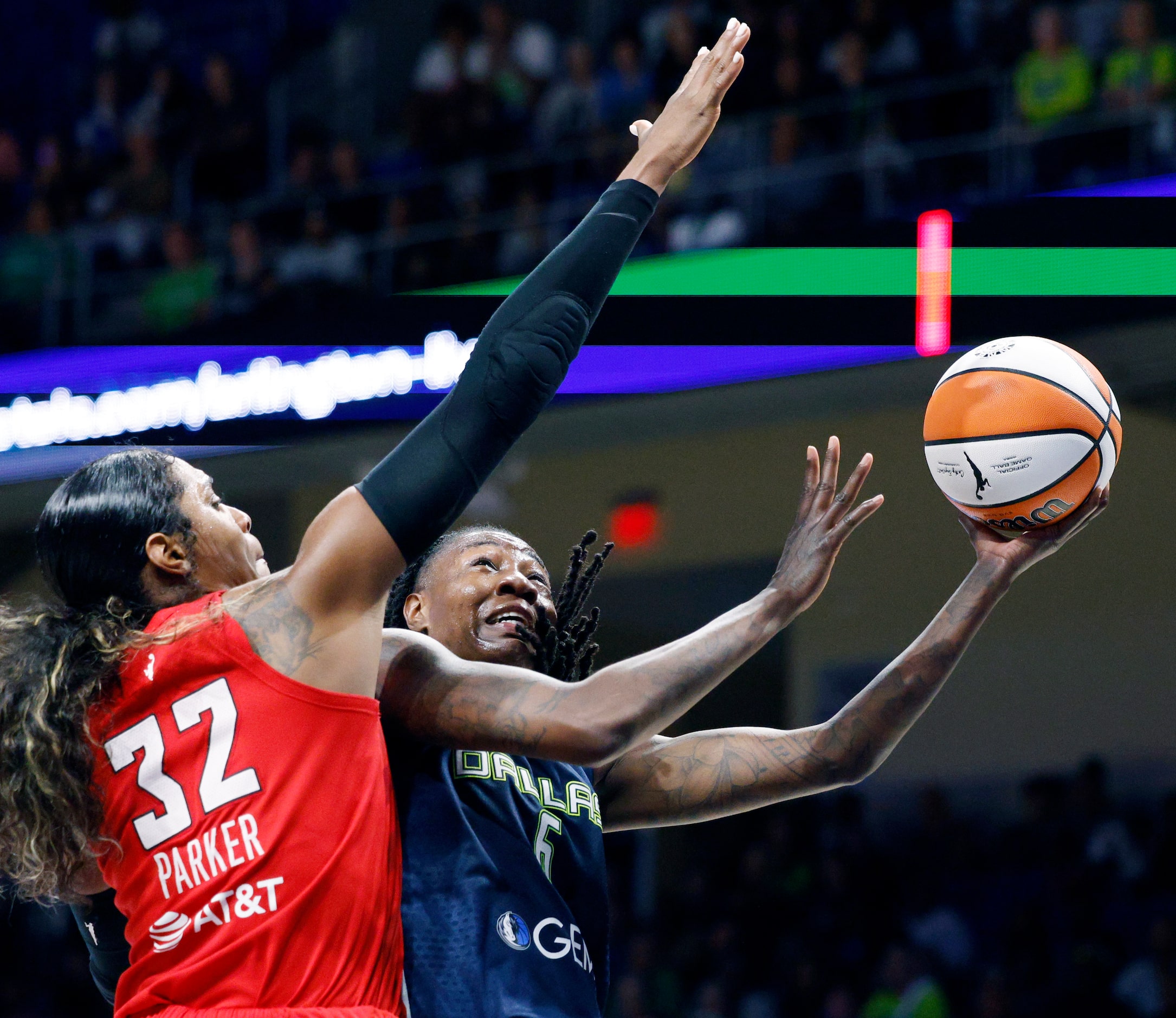 Dallas Wings forward Natasha Howard (6) attempts a layup against Atlanta Dream forward...