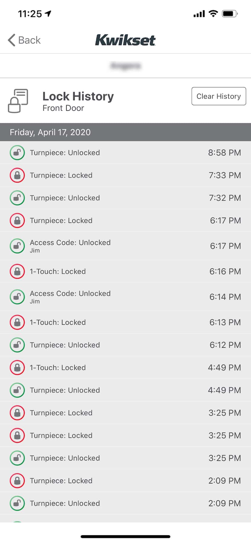 The log page of the Kwikset app lets you know every time the door is locked or unlocked and...