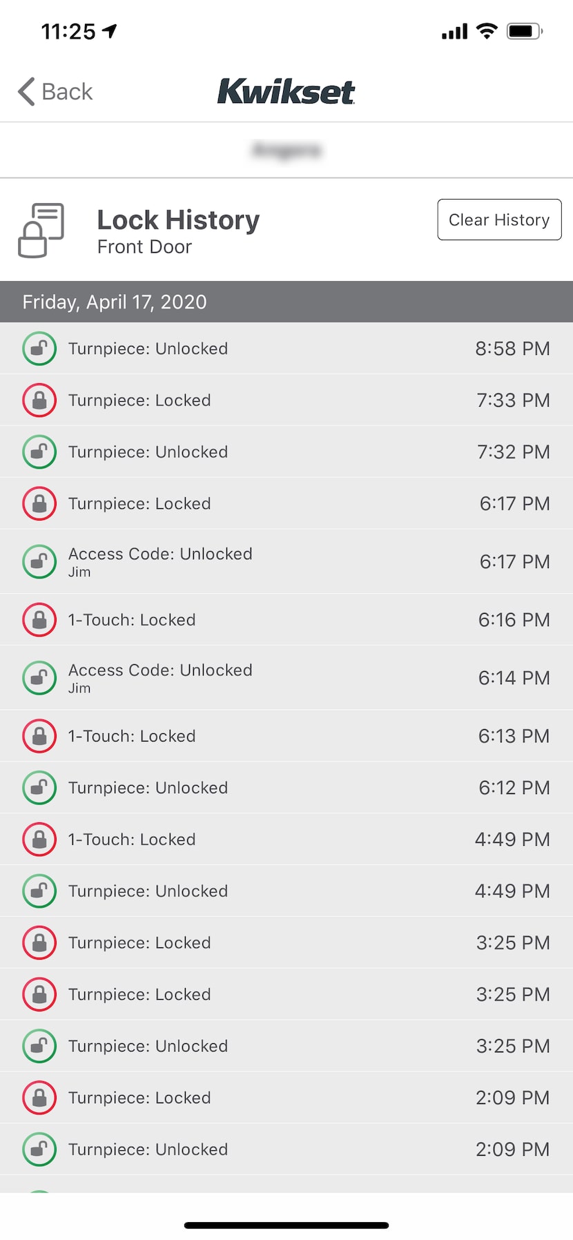 The log page of the Kwikset app lets you know every time the door is locked or unlocked and...