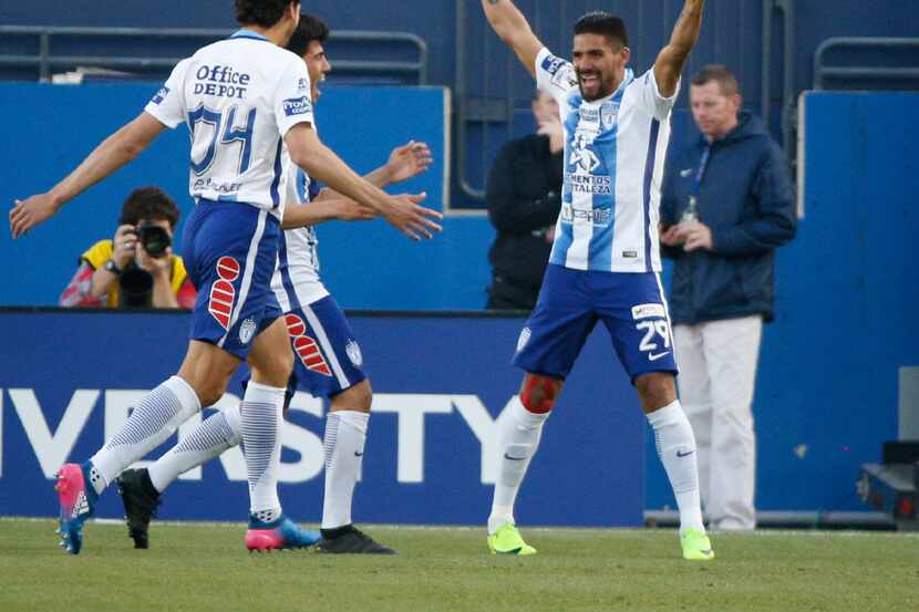 Pachuca forward Franco Jara (29) celebrates scoring a goal against FC Dallas during the...